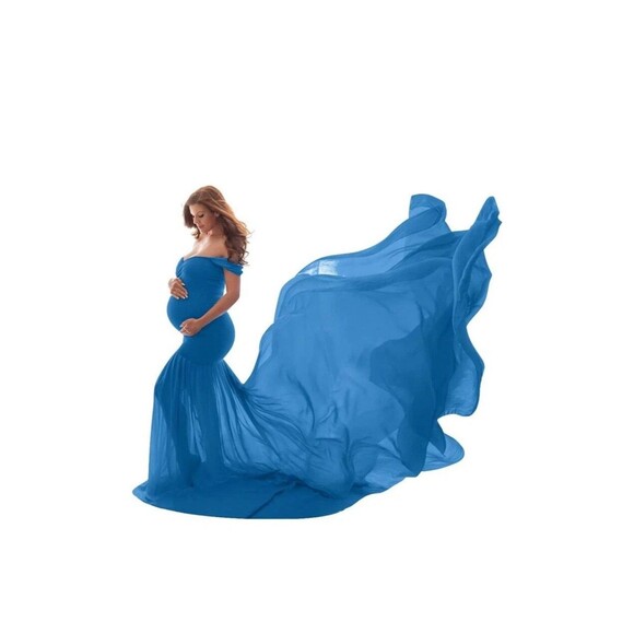 Iwemek Maternity Dress Mermaid Off Shoulder Slim Fit Chiffon Gown Sky Blue New M - Picture 1 of 12